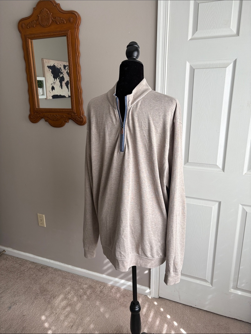 johnnie-O Men's Quarter Zip in Light Taupe with Navy Trim